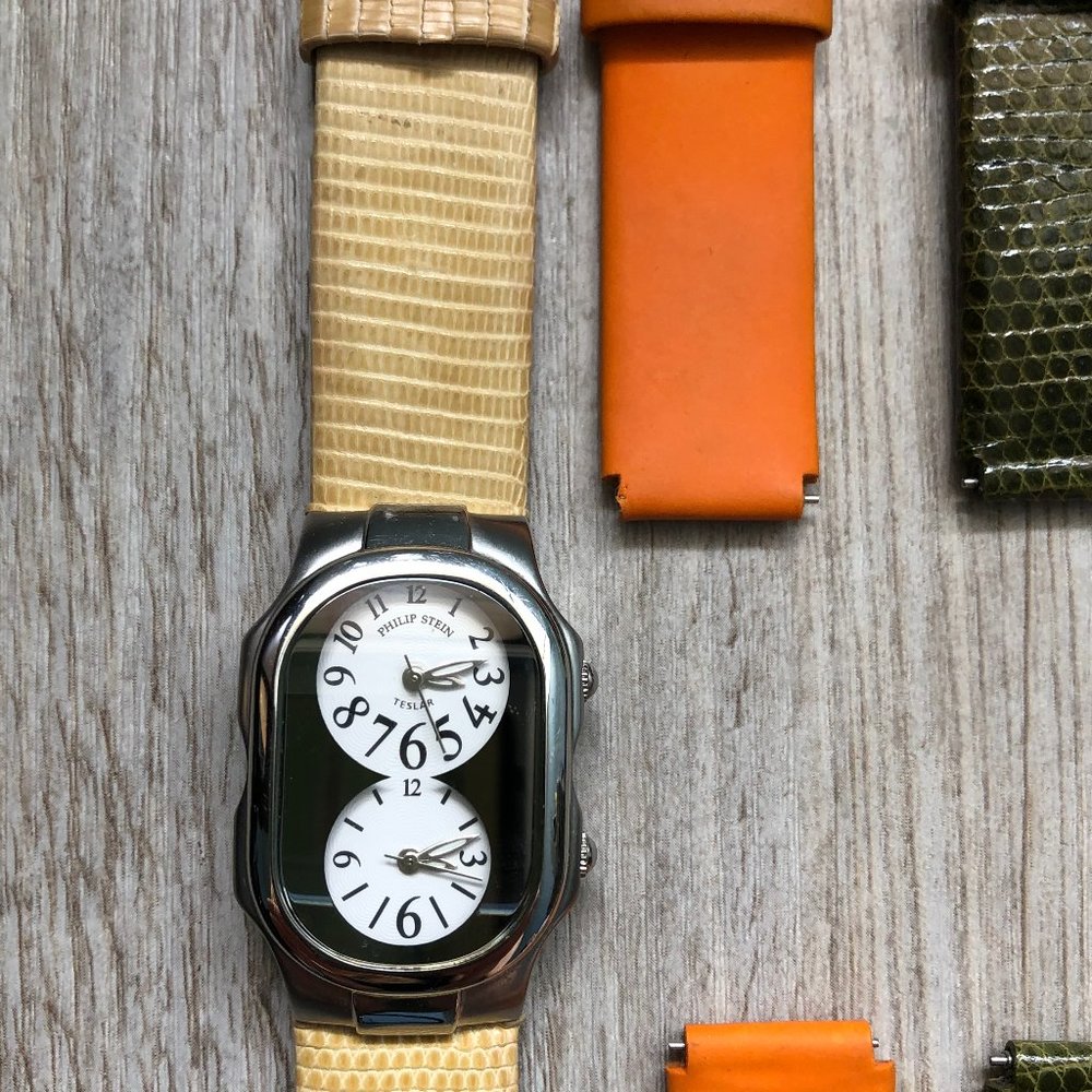 Philip Stein Dual Time Watch with Cream Strap and Orange Interchangeable Bands